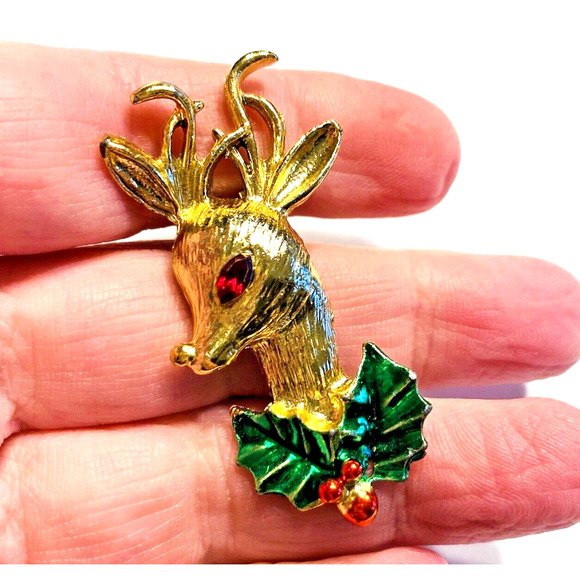 Vintage Christmas Reindeer Brooch Novelty Textured Goldtone Festive Holiday Pin - Picture 4 of 5
